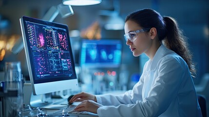 A focused scientist analyzing data on a computer screen in a modern laboratory environment with advanced technology.