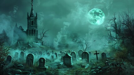 Halloween night scene with a graveyard, tombstones, and fog swirling under a full moon, ghostly atmosphere