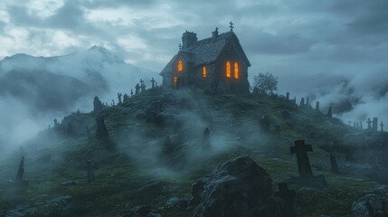 Fototapeta premium Eerie Haunted House on Hilltop with Glowing Orange Windows and Swirling Fog - Spooky Halloween Scene with Graveyard Ambiance