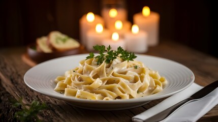 Creamy Fettuccine Pasta with Parsley on a White Plate