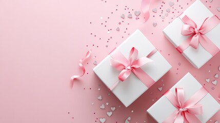 Three white gift boxes with pink ribbons on a pastel pink background, adorned with heart-shaped confetti.