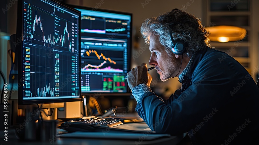Poster a focused trader analyzes complex data on multiple screens in a dimly lit office, showcasing modern 