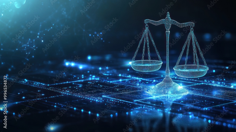 Poster a digital representation of a balancing scale symbolizes justice and fairness in a modern tech envir