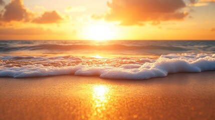 Tranquil Sunset Beach Scene with Golden Sand and Gentle Waves - Perfect for Text Overlay