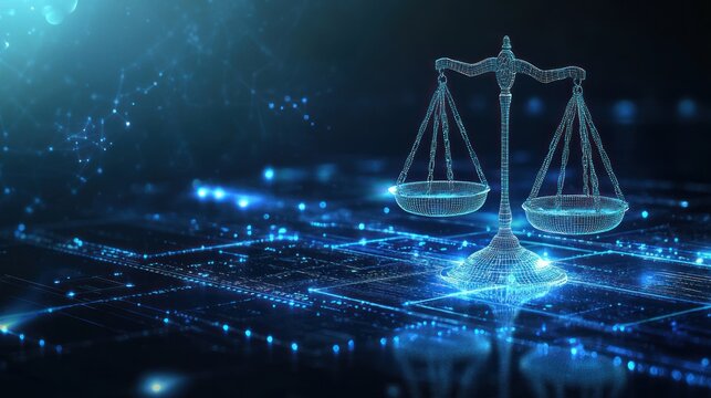 A digital representation of a balancing scale symbolizes justice and fairness in a modern tech environment.