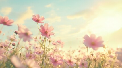 A serene field of pink cosmos flowers bathed in warm sunlight, creating a tranquil and dreamy atmosphere.