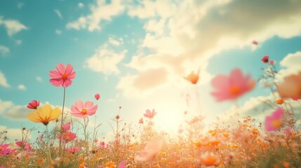 Obraz premium A vibrant field of blooming flowers in soft pink and orange hues against a sunny blue sky.