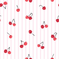 Cute gingham seamless pattern. Vector iilustration. Cherry on pink striped background. Texture for print, textile, fabric.