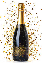Fototapeta premium Bottle of champagne with golden glitter or powder splash isolated on beige background