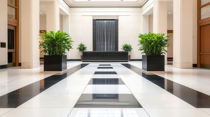 Circular bank lobby with skylight, waterfall feature, green plants, polished tiles, modern bank design, eco-luxury finance