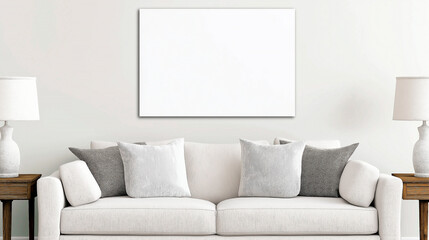 Mockup poster canvas in the living room, the pastel sofa with gray pillows, 3d render, mockup
