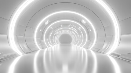 Obraz premium Futuristic white hallway with glowing circular lights creating a sleek, modern design.