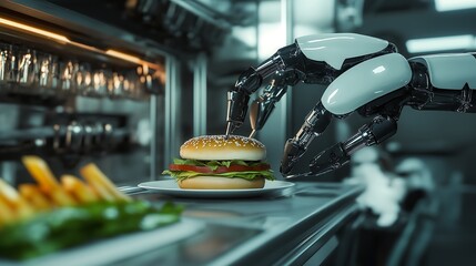 A robot arm assembling a sandwich in a futuristic café, robotics, automated food preparation.