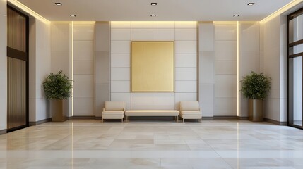 Artistic bank lobby with mural walls, sculptural furniture, spotlighting, creative bank design, luxury art space