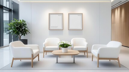 High-end bank waiting area with stylish furniture, contemporary art, soft lighting, luxury client space, elegant comfort