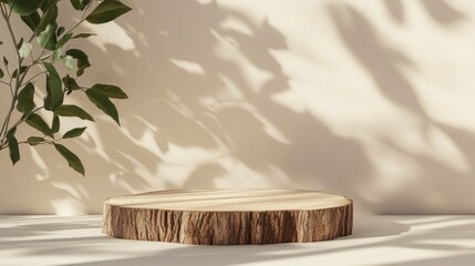 A natural wooden pedestal with a textured surface, surrounded by soft shadows and green leaves, creating a serene compositional ambiance.