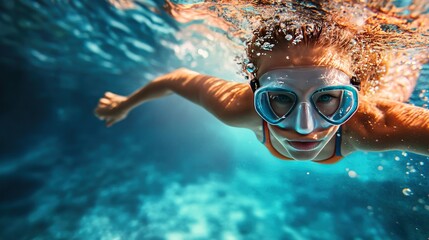 Fototapeta premium A young Caucasian woman with blonde hair swims underwater, wearing diving goggles and enjoying the vibrant, blue water.