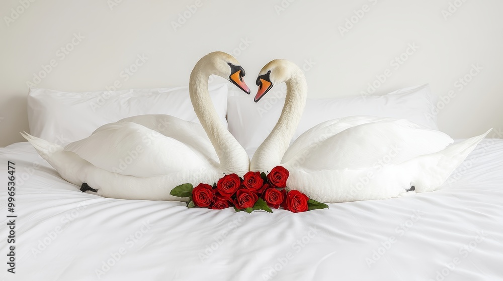 Canvas Prints An image of two swans made from towels kissing on a white bed decorated with a red rose flower.