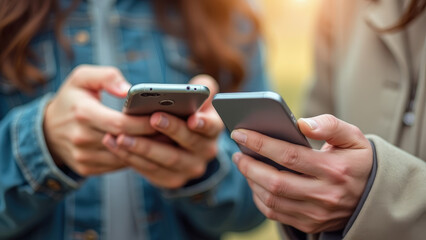 Two people immersed in their smartphones, illustrating the digital age&rsquo;s influence on communication and the widespread use of mobile technology in everyday social interactions.