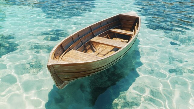 A beautiful wooden boat floating peacefully in crystal clear turquoise waters.