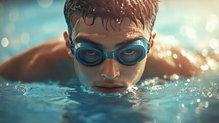 Fototapeta premium A young male swimmer with dark hair and blue goggles focused in the pool, showcasing determination and strength.