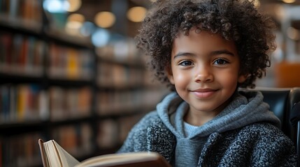 Happy young disabled mixed race school student in wheelchair reading a library book. African american child with disability learning. Inclusive & diverse education