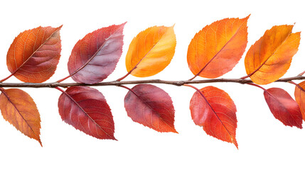 Fototapeta premium Vibrant orange and red autumn leaves branch isolated on white background