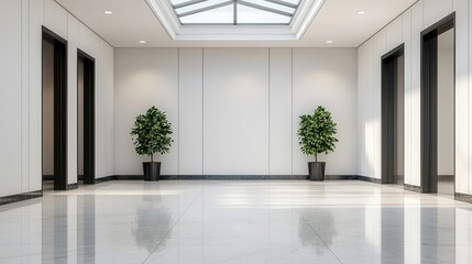Fototapeta premium Circular bank lobby with skylight, waterfall feature, green plants, polished tiles, modern bank design, eco-luxury finance