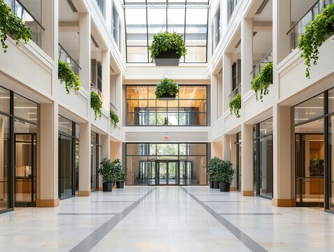 Grand bank atrium with glass ceiling, hanging plants, natural light, airy bank interior, luxury open space