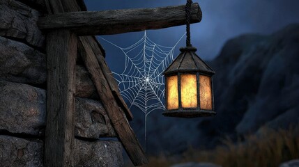 A rustic lantern hanging near a spiderweb in a dark, atmospheric environment.