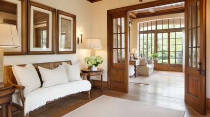 The entryway features a rustic bench adorned with pillows and throw blankets, complemented by framed landscape prints and a textured rug for a warm atmosphere.