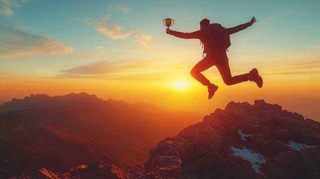 Silhouette of a businessman jumps holding a trophy on top mountain with light sunset. concept of a successful business