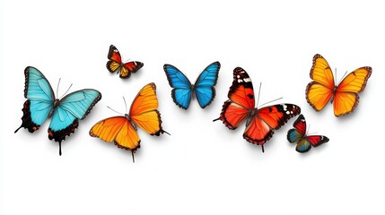 A vibrant display of colorful butterflies on a white isolated background.