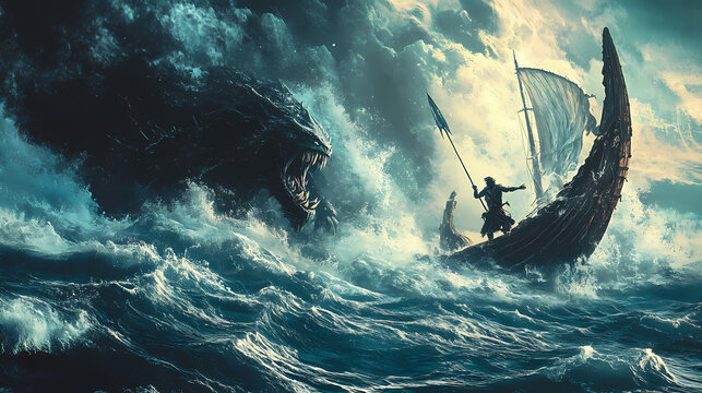 Navigating the perilous waters: odysseus braving scylla and charybdis. Greek Mythology. Illustration
