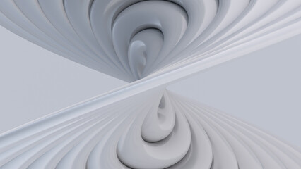 Group of white glossy twisted circle shapes, close-up. Abstract illustration, 3d render.