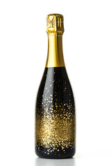 Bottle of champagne decorated with golden glitter isolated on white background