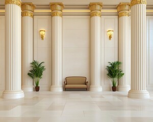 Grandiose bank lobby with towering columns, plush seating, golden light fixtures, high-end bank interior, opulent financial setting