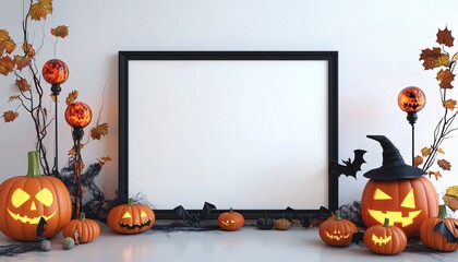 Halloween-themed mockup featuring a blank wall frame, showcasing potential wall art designs in a festive and spooky ambiance. Perfect for seasonal decor inspiration and creative displays.