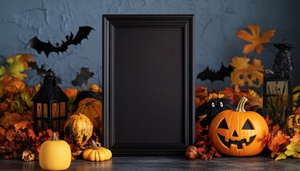 Obraz premium Halloween-themed vertical frame mockup for wall art showcasing spooky designs and festive decorations for seasonal advertising. Perfect for creating an eerie ambiance in any space.