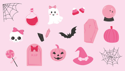 Set of Halloween elements. A trendy coquette style. 
