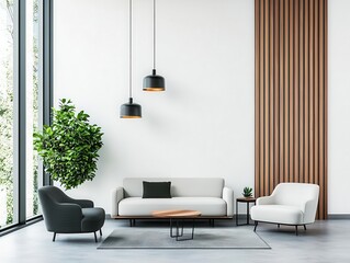 Modern bank lounge with geometric decor, artistic lighting, cozy seating, artsy bank interior, luxury comfort