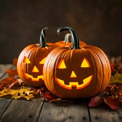 Fototapeta premium Halloween symbol. Pumpkins lying on a wooden table.