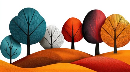 Colorful trees with abstract leaves on a vibrant landscape, white isolate background.