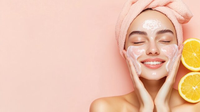 A joyful woman applies a refreshing facial mask, enjoying a moment of self-care with orange slices and a soft towel.