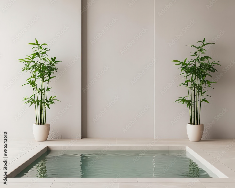 Wall mural serene bank lobby with water feature, bamboo plants, soft lighting, zen atmosphere, tranquil bank in