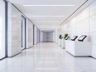 Ultra-modern bank lobby with minimalist furniture, glass partitions, digital kiosks, contemporary bank design, luxury efficiency