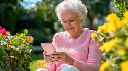 A joyful senior woman with white hair smiling while using a smartphone in a vibrant garden filled with colorful flowers.