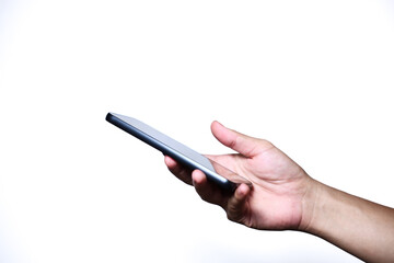 Hand holding smartphone on white background. QR code payment concept. Digital money payment.