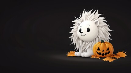 Cute cartoon lion with pumpkin and autumn leaves on a dark background.