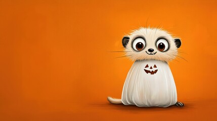 Fototapeta premium Cute character in a ghost costume with pumpkin design, on an orange background.